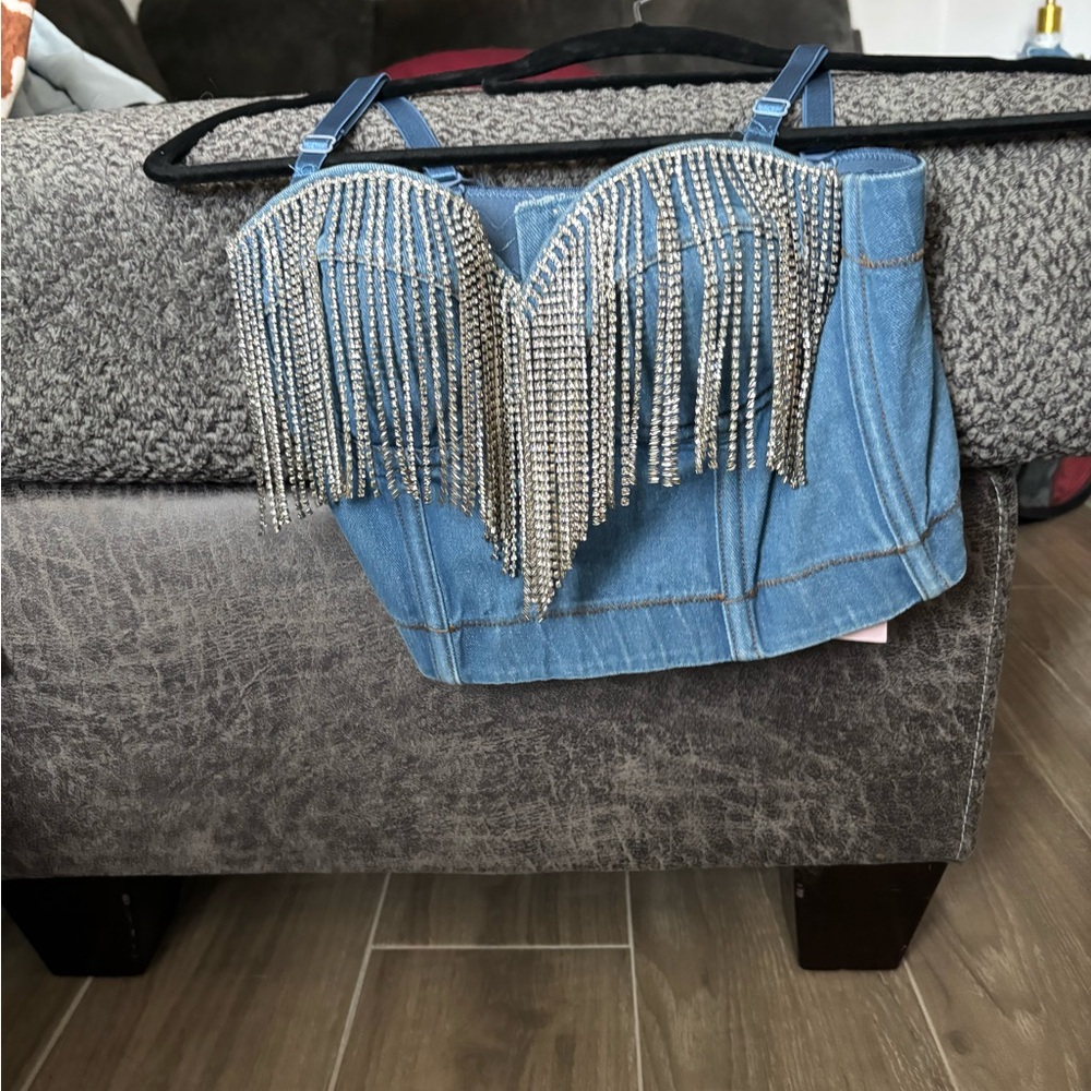 Denim Blue Rhinestone Fringe Bustier Top